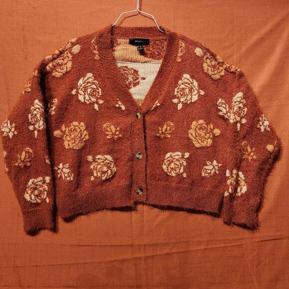 Burnt Orange Sz 3XL Cropped Floral Long Sleeve Button Down Cardigan Cozy Sweater - Picture 1 of 7